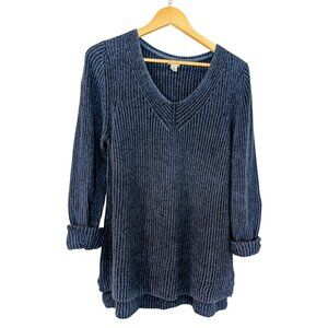 L.L. Bean 100% Cotton Ribbed V-Neck Sweater | Indigo Blue • Women’s L • EUC